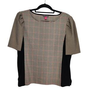 Vince‎ Camuto Brown Black Preppy Checked Puffed Half Sleeve Blouse Women's M